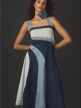 Pilcro Seamed Smocked Blue Denim Midi Dress